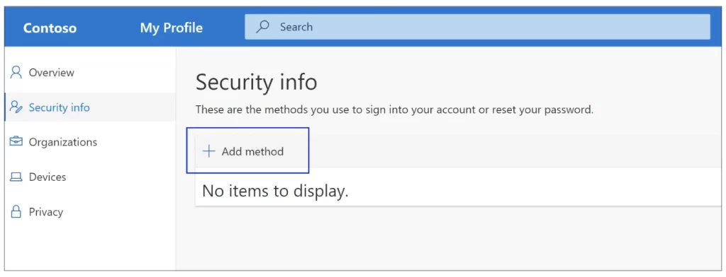 select Add method in the Security info pane